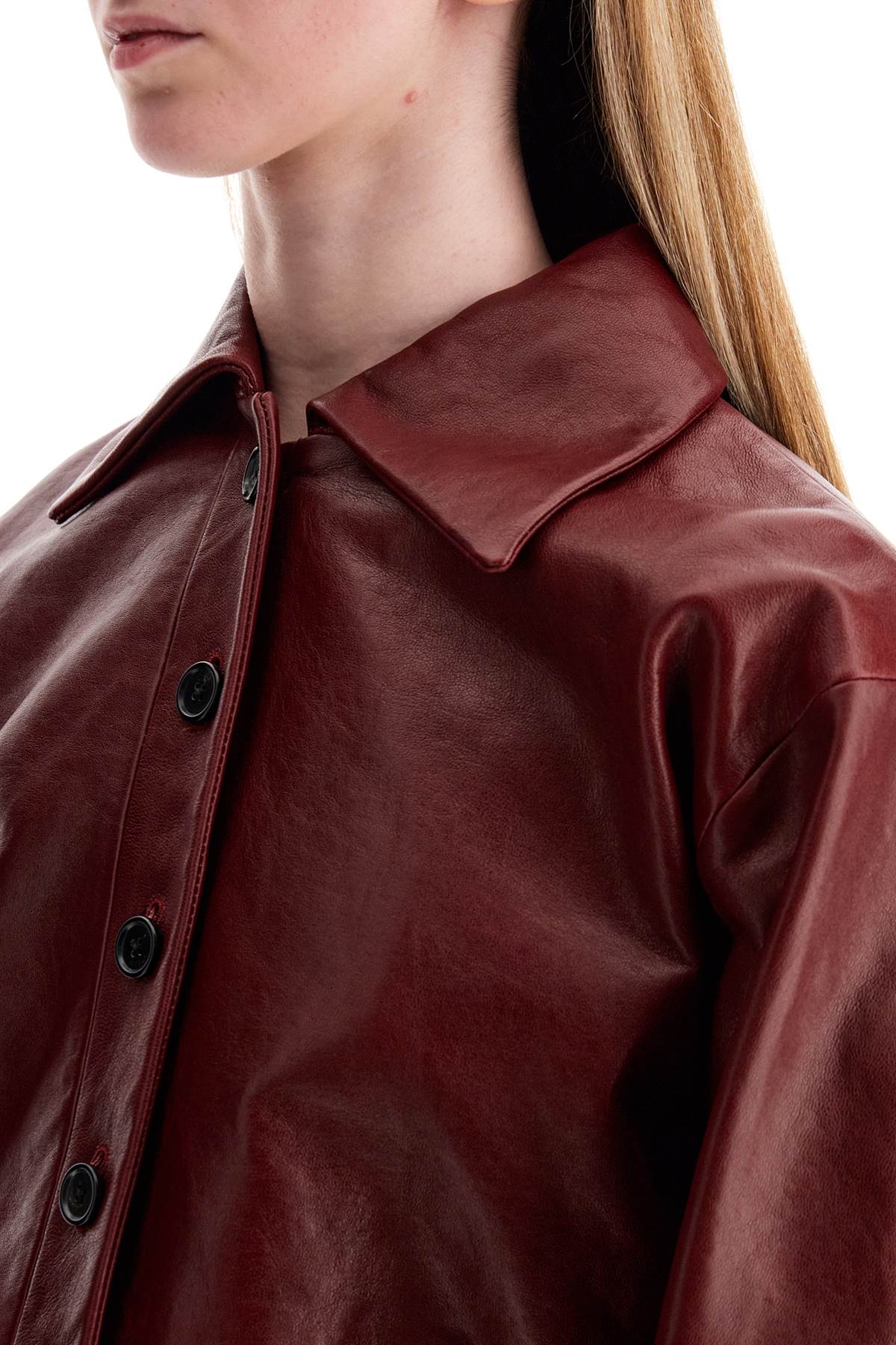 Shop Khaite Cropped Leather Jacket Sue In Oxblood (red)