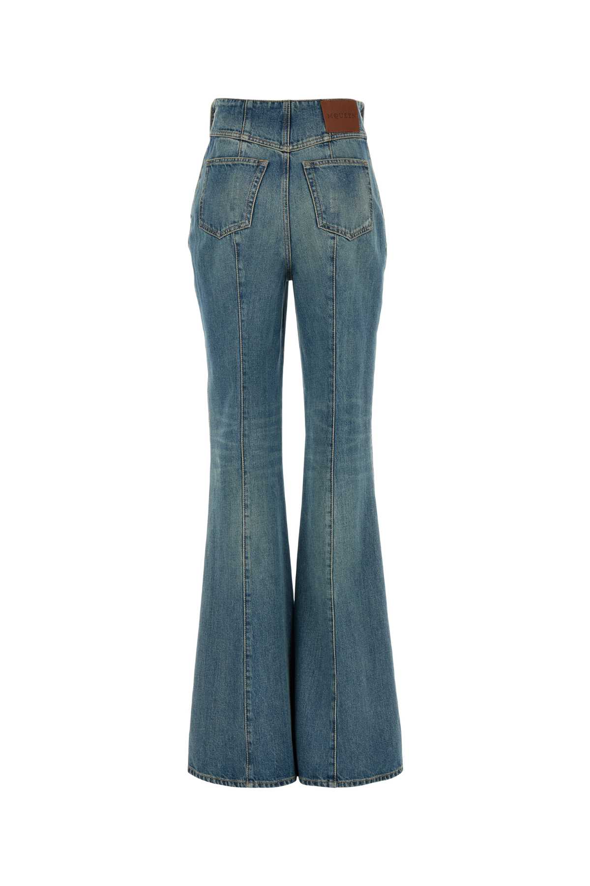 Alexander Mcqueen Blue Flared Jeans With Foldover Waist And Logo Patch On The Rear In Denim Womanaa In Indigostonewashed