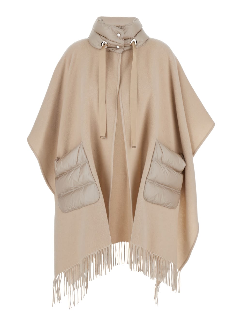 Shop Herno Warmy Beige High Neck Poncho With Patch Pockets In Wool And Nylon Woman