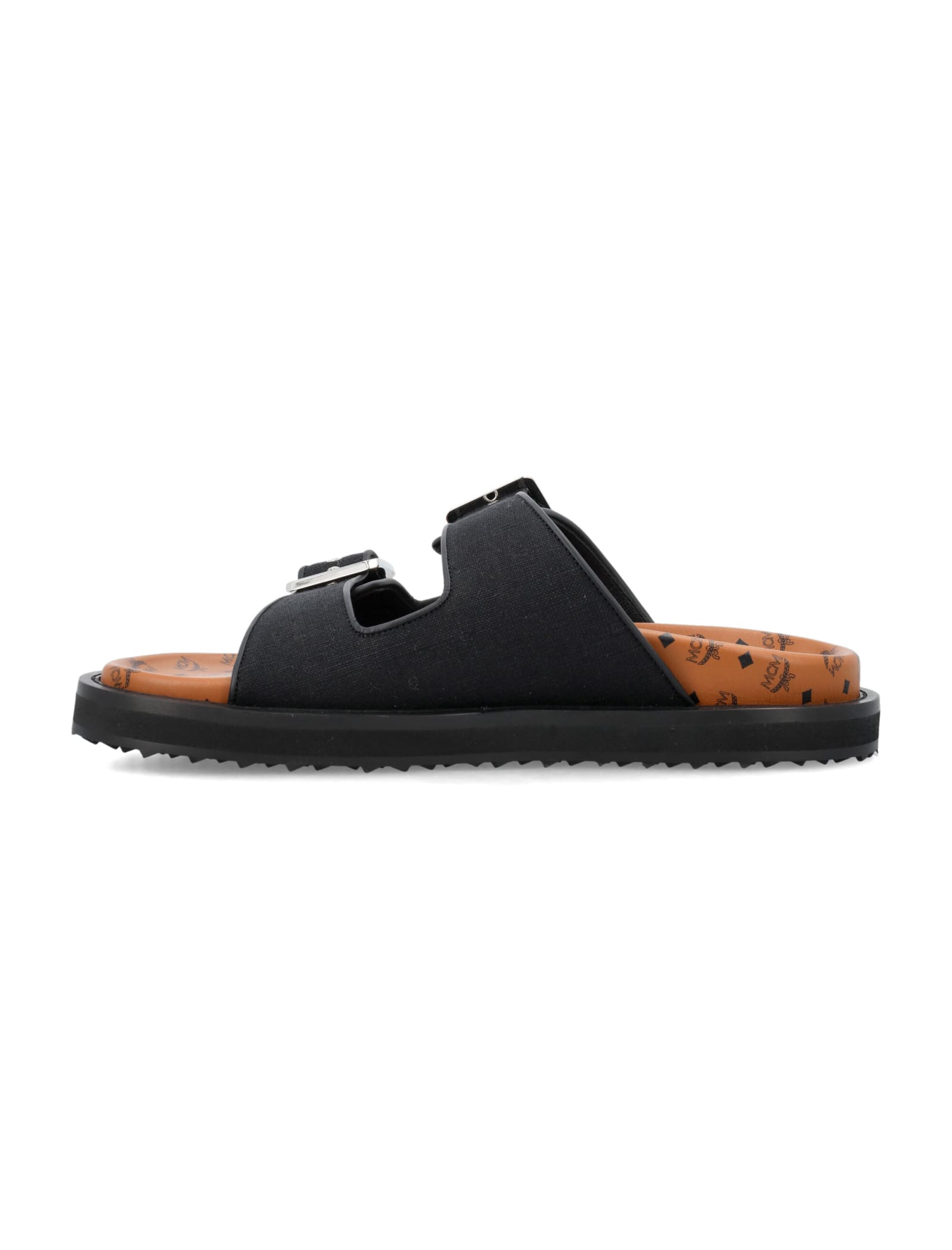 Shop Mcm Canvas Flat Sandals In Black