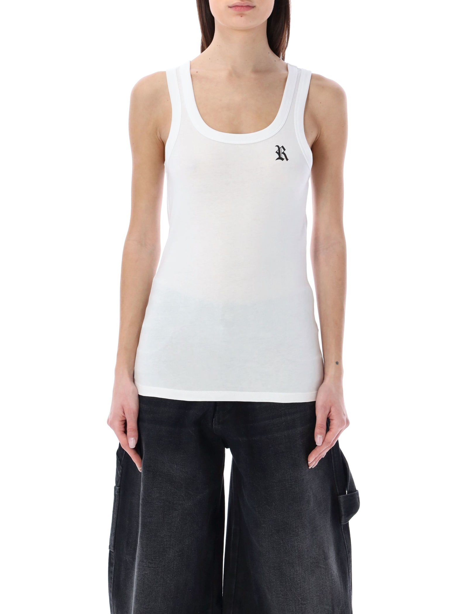 RAF SIMONS TANK TOP WITH R PRINT AND LEATHER PATCH