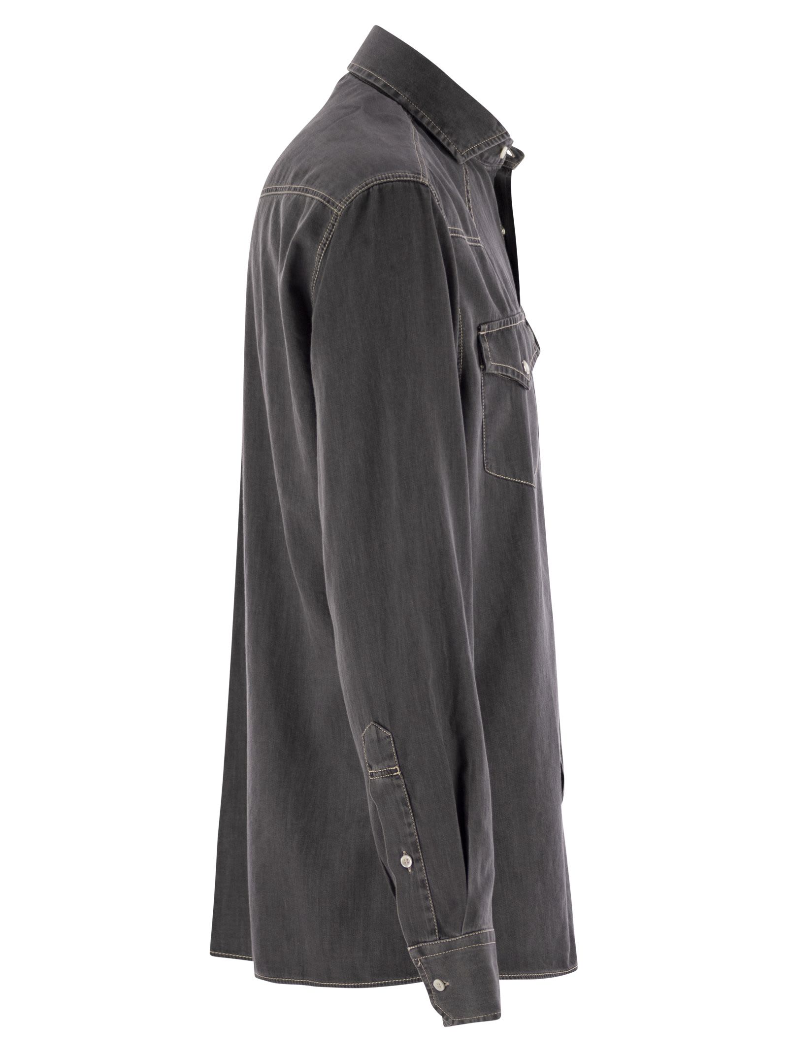 Shop Brunello Cucinelli Easy Fit Shirt In Light Denim With Press Studs In Grey