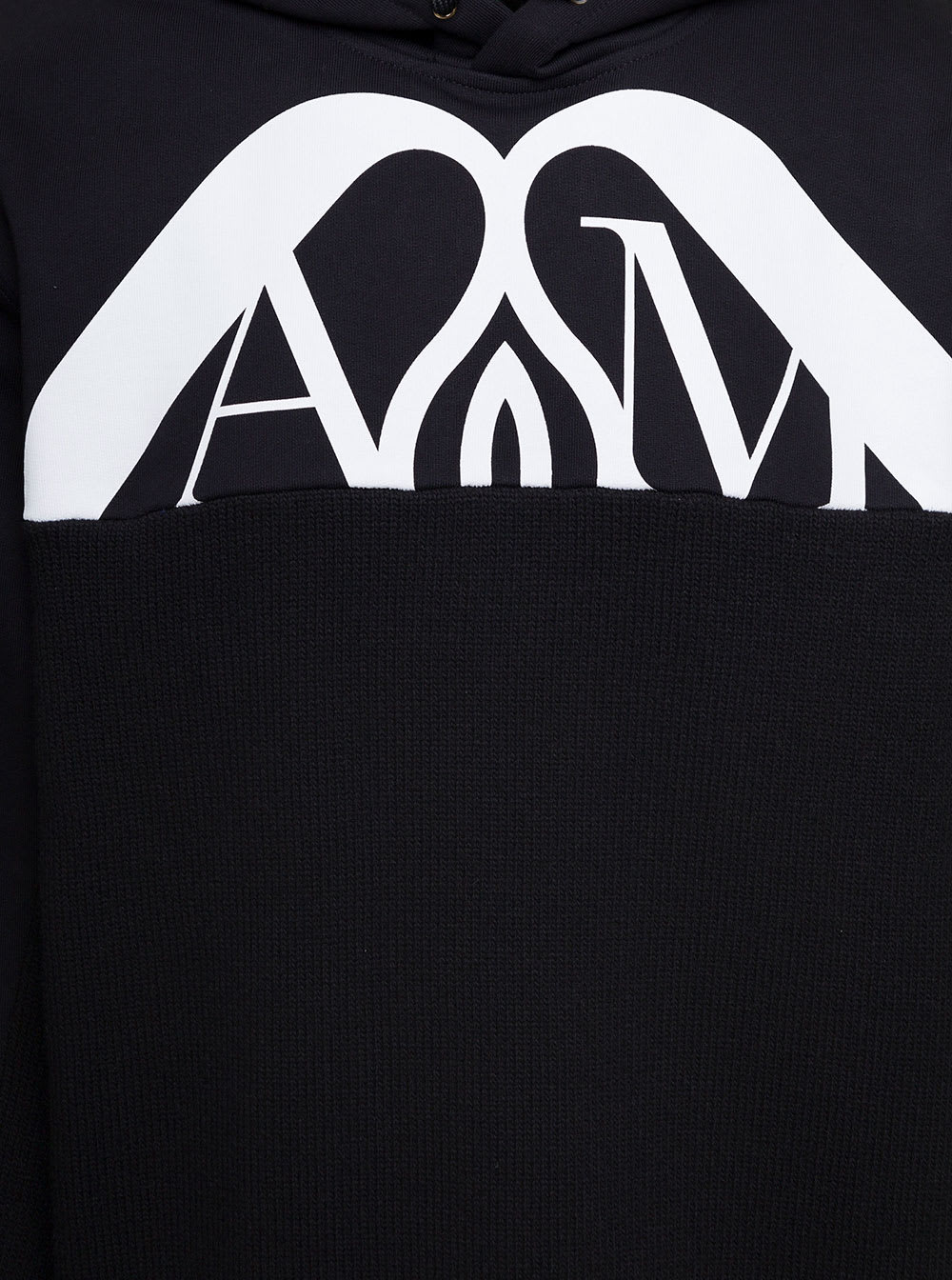 Shop Alexander Mcqueen Black Hooded Sweatshirt With Contrasting Orchid Logo Print In Cotton Man In White/black