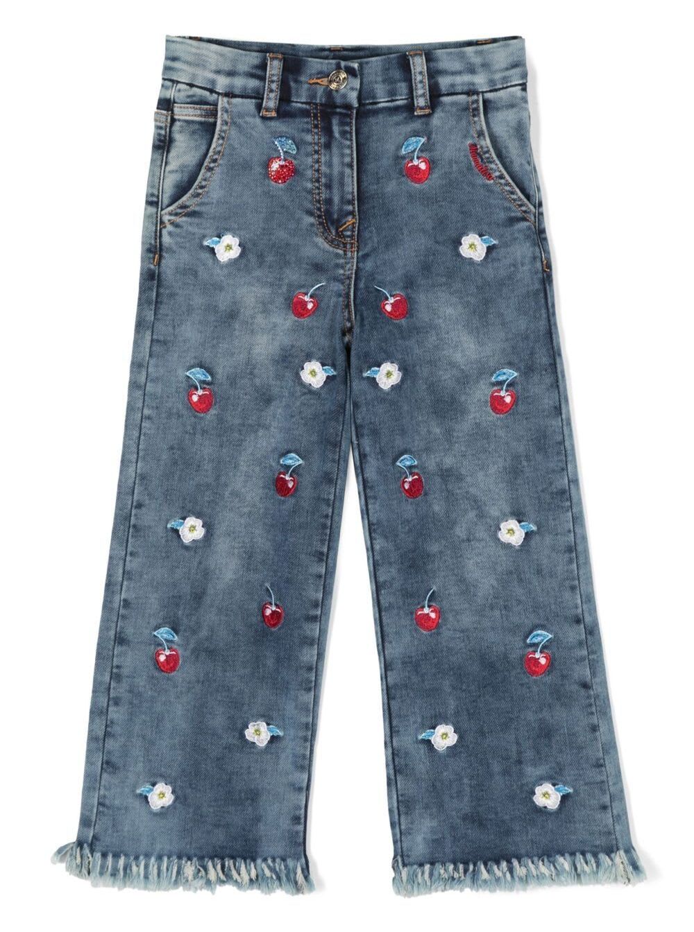 MONNALISA BLUE FIVE-POCKET JEANS WITH EMBROIDERIES AND RAW EDGE IN STRETCH COTTON DENIM GIRL