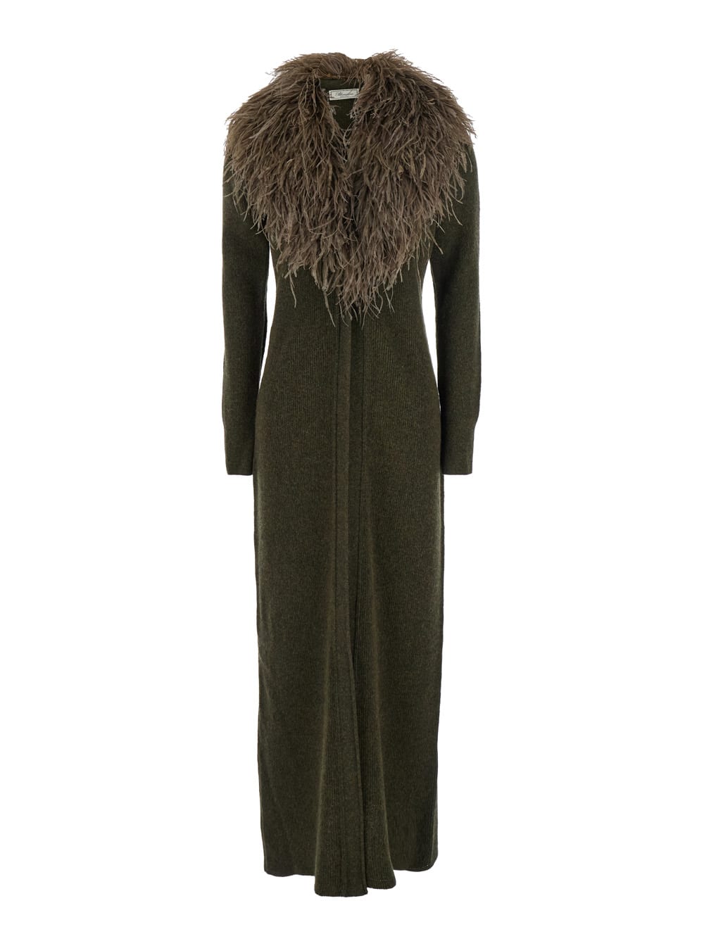 Blumarine Green Long Dress With Removable Feather Collar In Wool Woman In Green