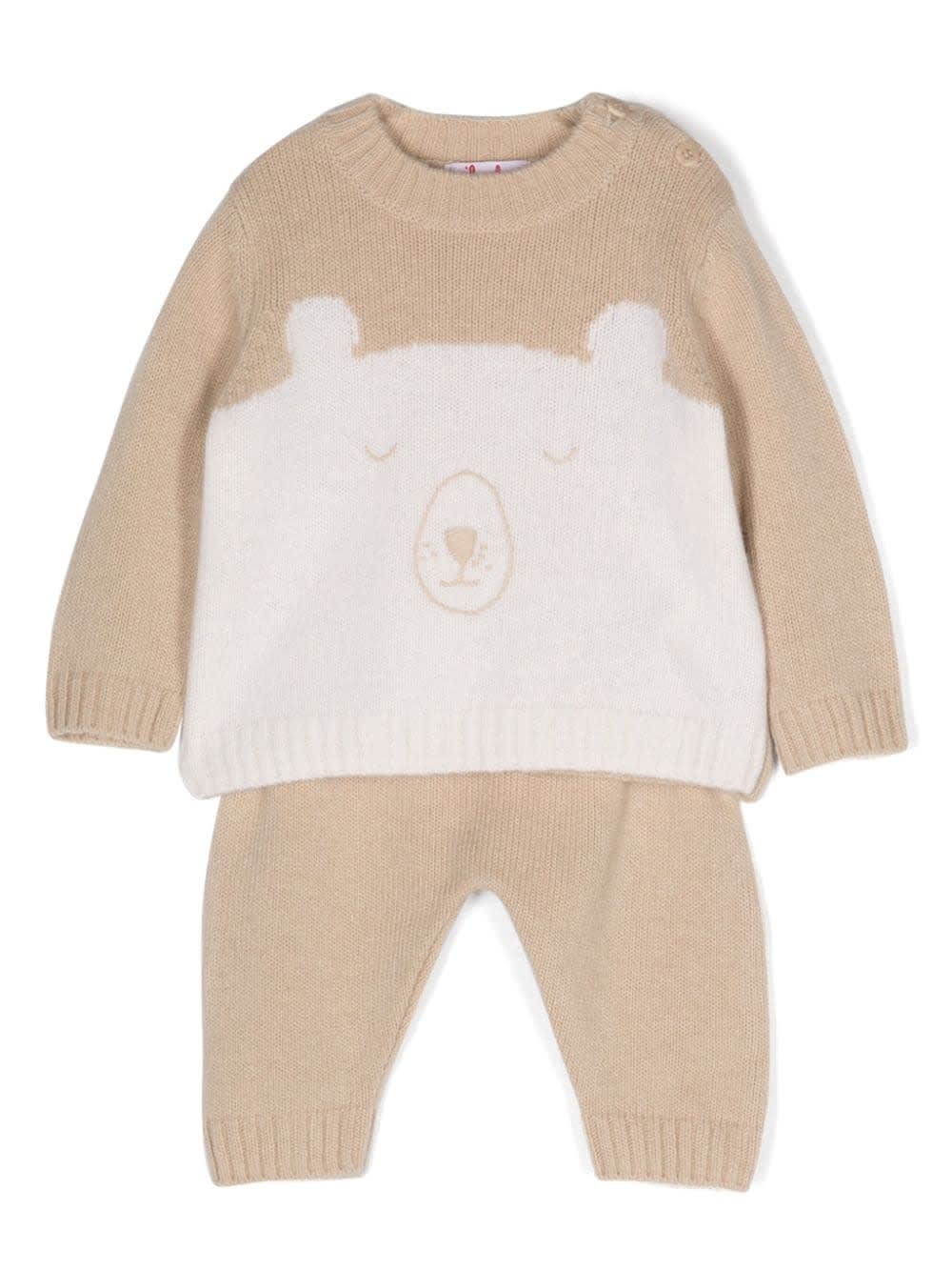 IL GUFO TWO PIECE TRICOT BABYSUIT WITH BABY BEAR IN MILK/BETLE