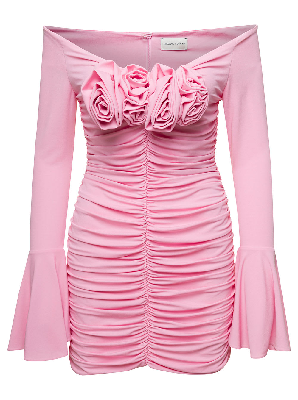 Magda Butrym Pink Ruched Mini-dress With Floral Application In Viscose Woman In Pink