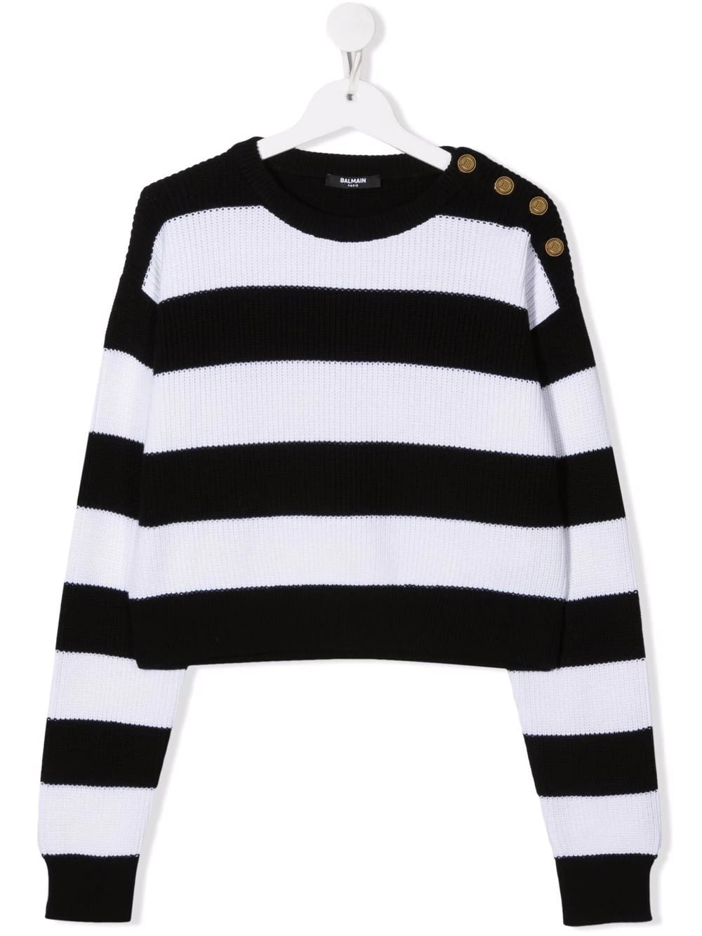Balmain Kids Black And White Striped Cotton Sweater With Golden Buttons