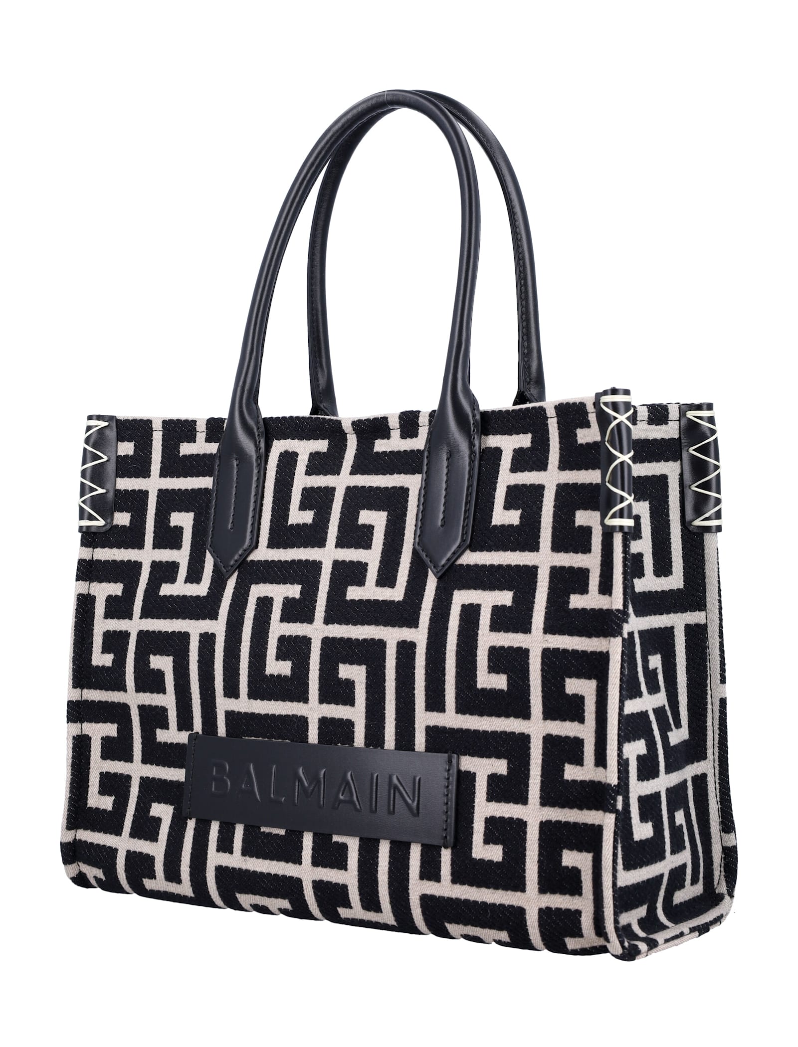 Balmain B-army Shopper 36 Bag In Pb Labyrinth Jacquard In Black/ivory