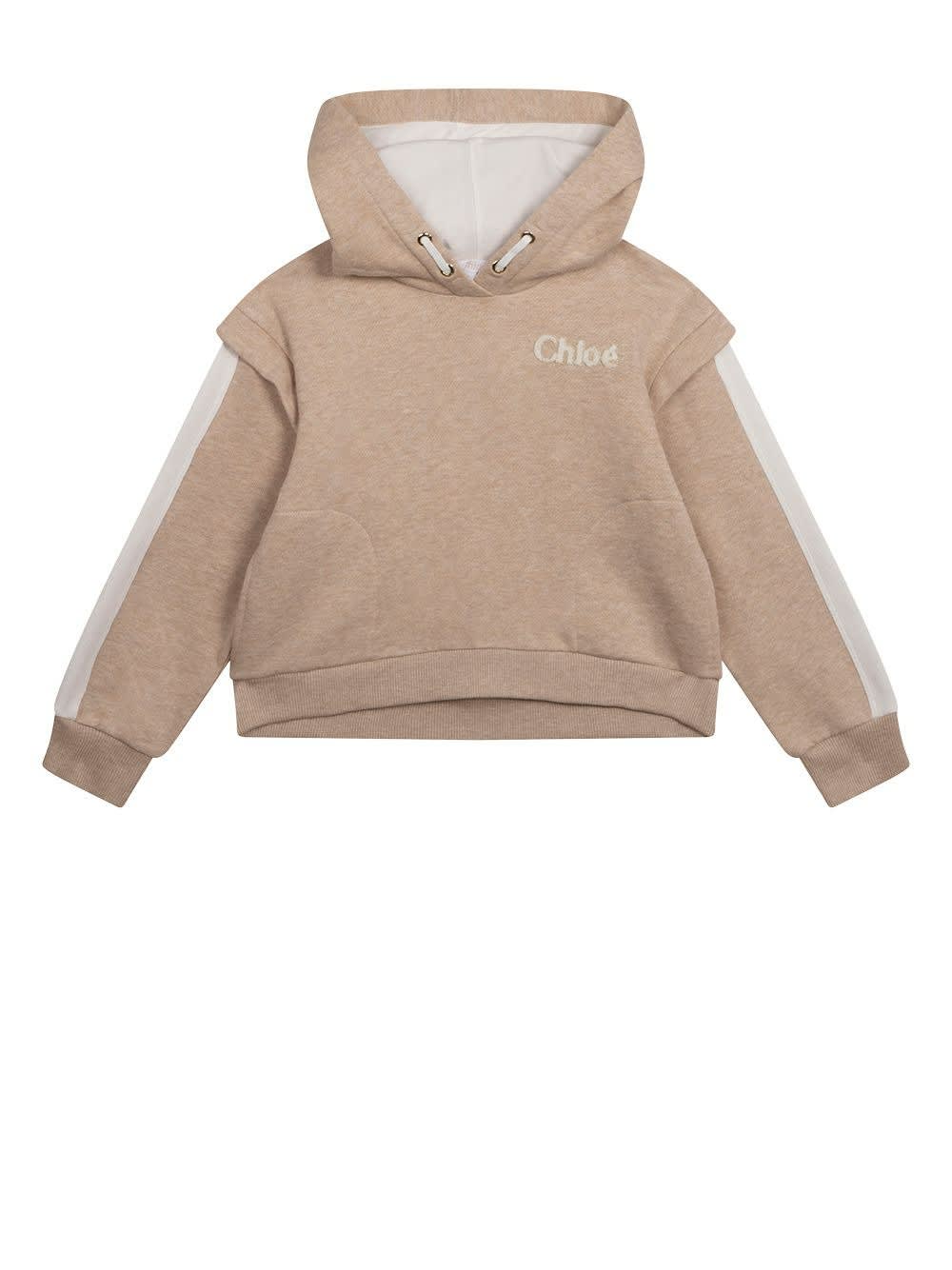 Chloé Kids Beige Hoodie With Logo And Contrast Stripes