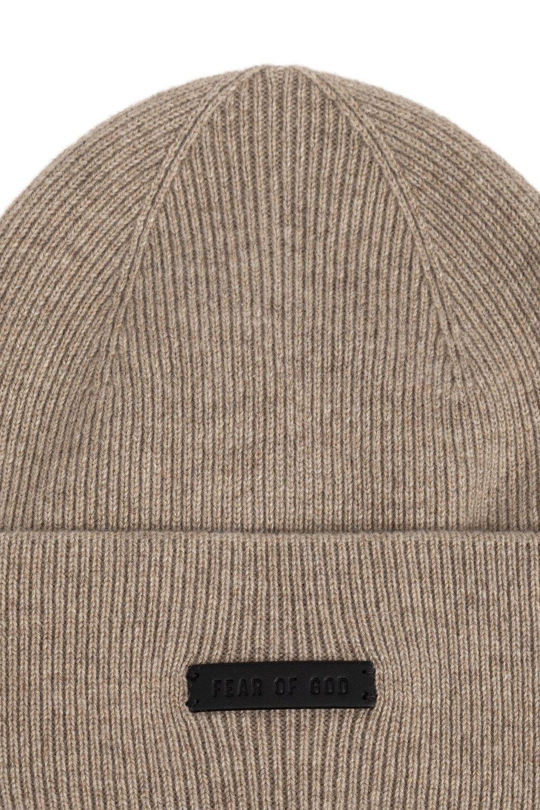 Shop Fear Of God Logo Patch Ribbed Knit Beanie In Sesame