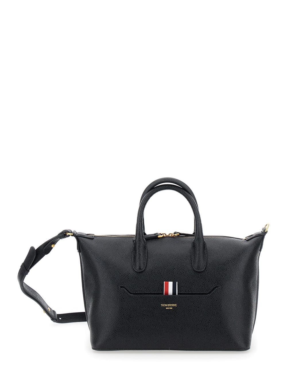 Shop Thom Browne Black Small Duffle Bag With Laminated Logo And Loop In Grain Leather Man