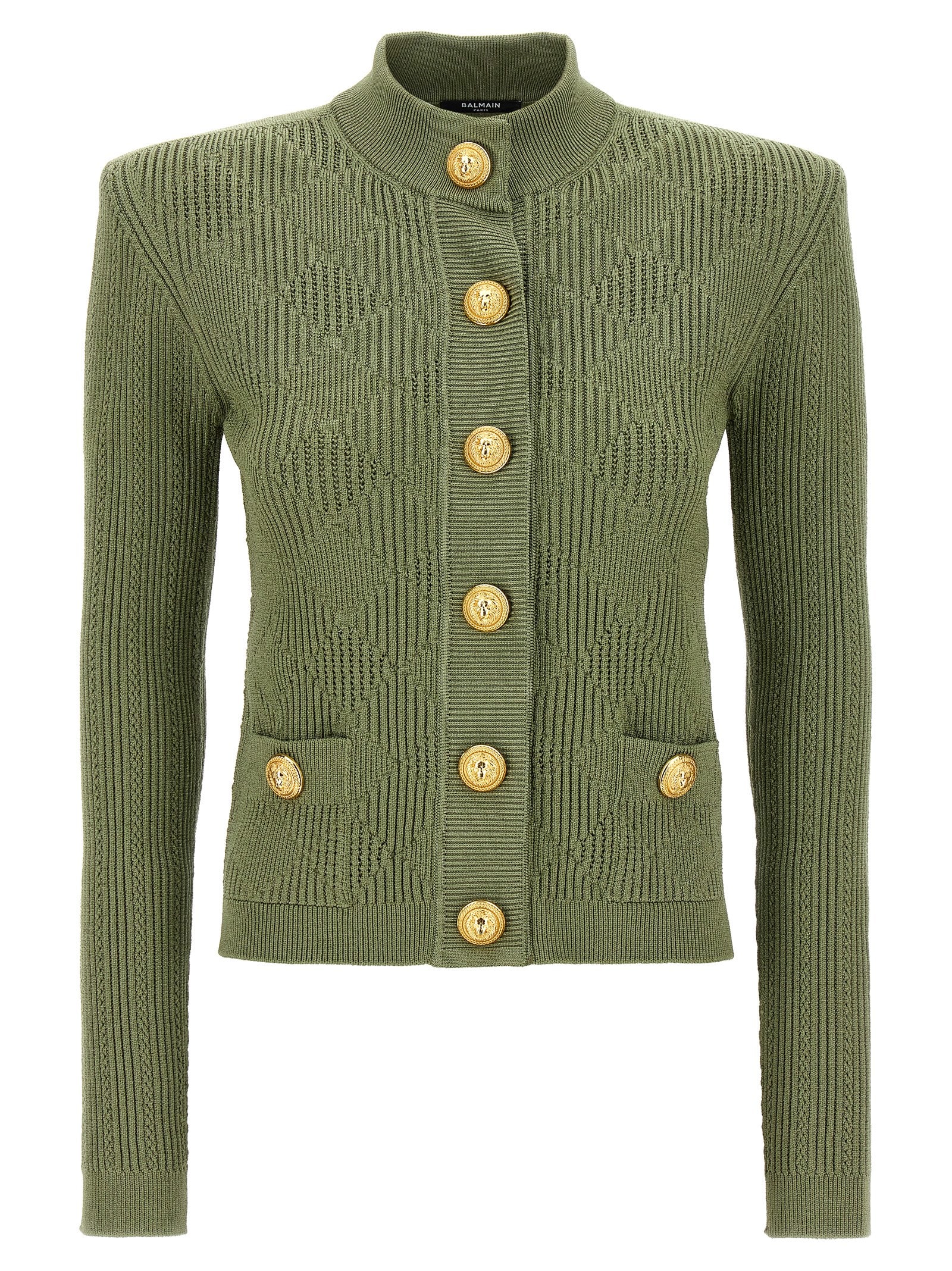 Shop Balmain Openwork Knit Cardigan In Green