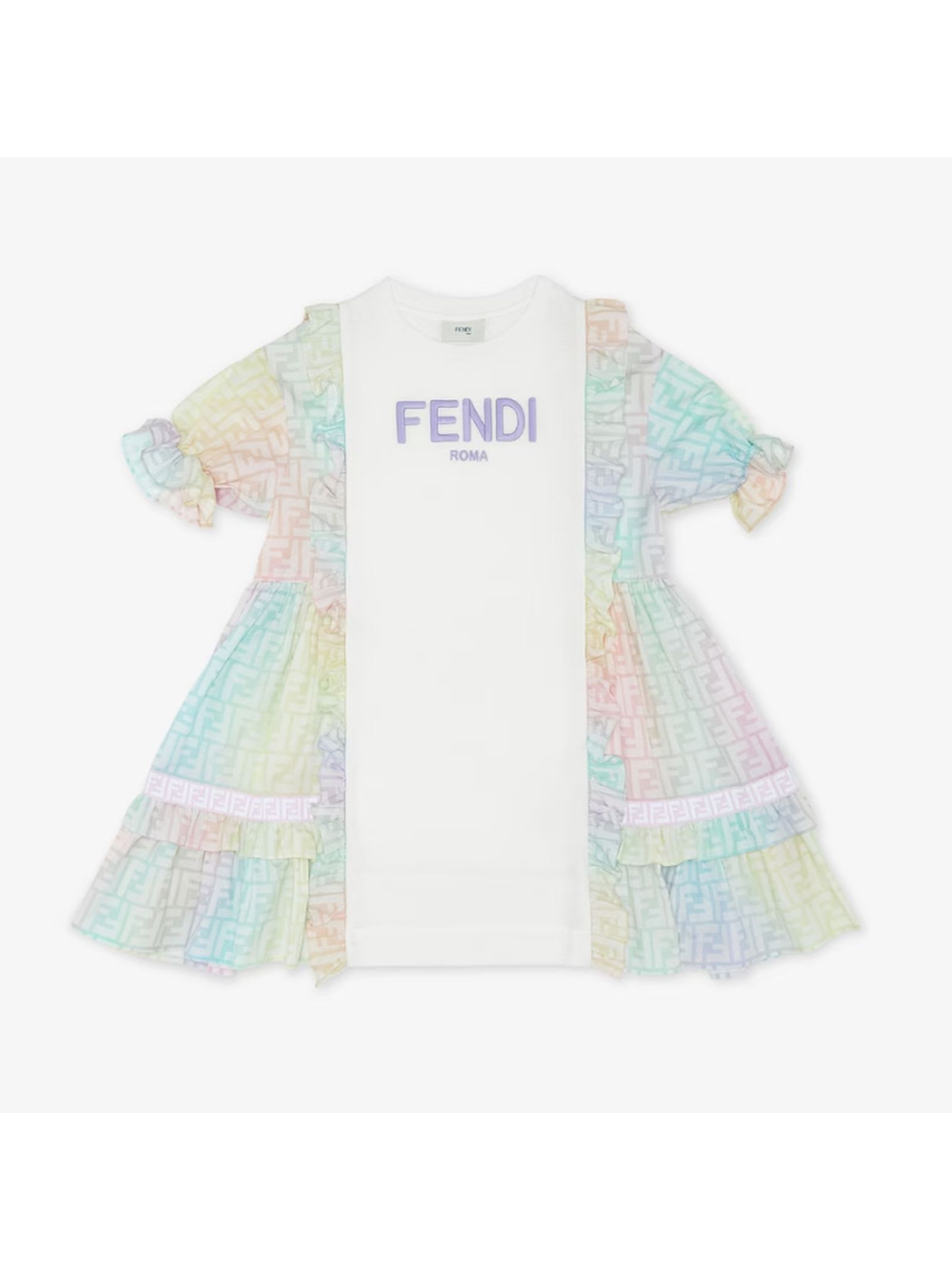 Fendi Kids' White Cotton Dress In Multicolor ModeSens