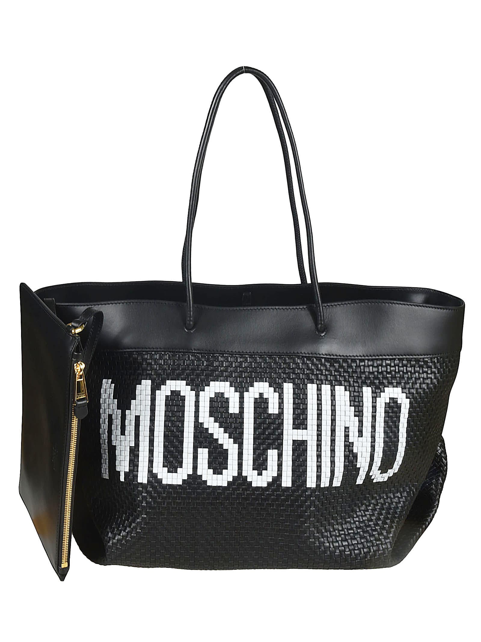 Shop Moschino Woven Logo Tote In Black