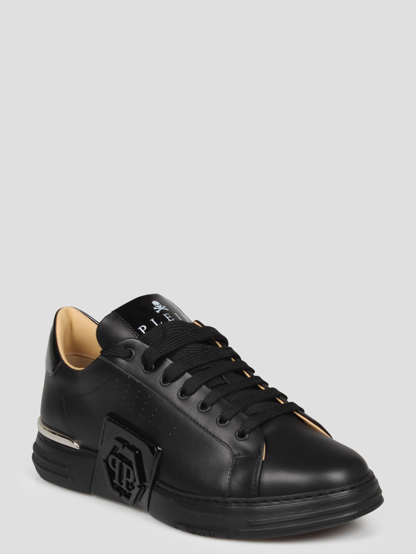 Shop Philipp Plein Mix Leather Lo-top Sneakers Hexagon In Nero