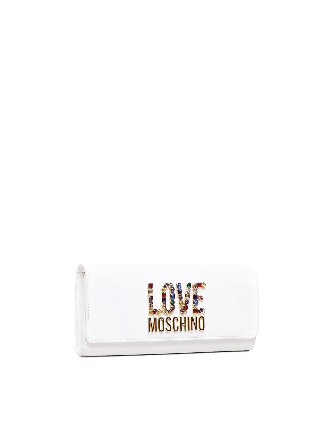 Shop Moschino Logo-lettering Chain-linked Clutch Bag In Bianco