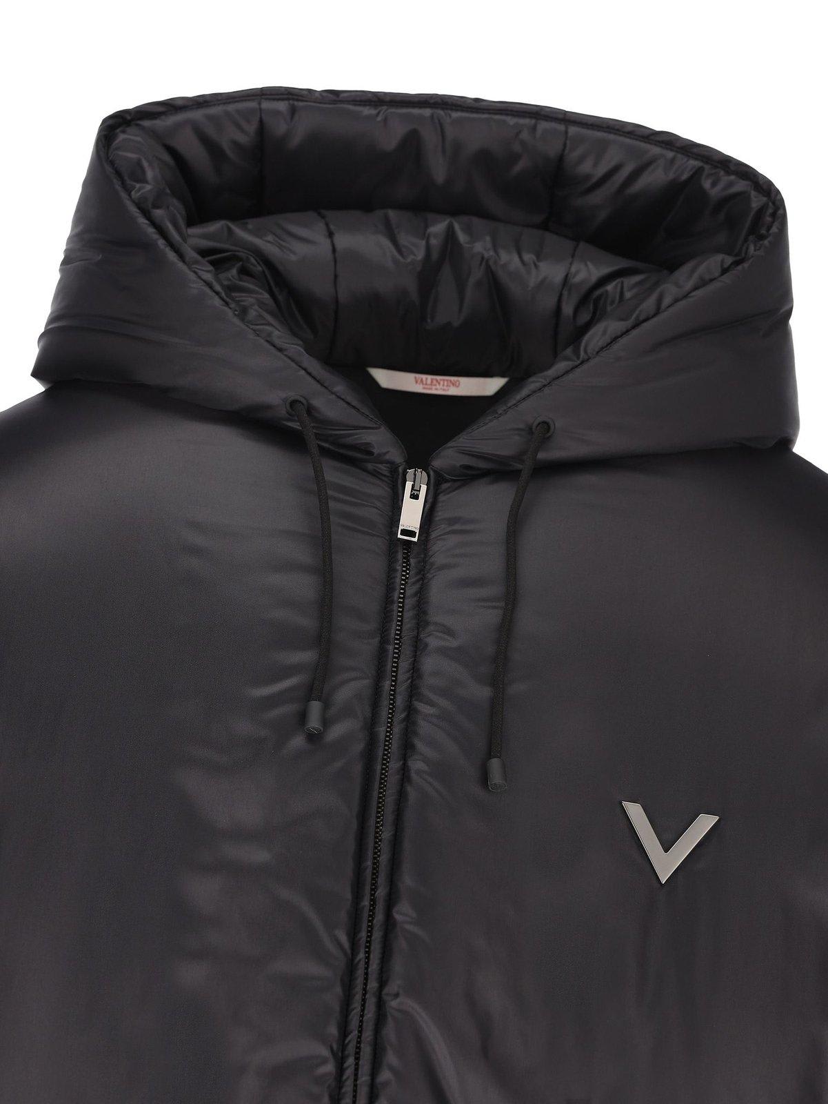 Shop Valentino Zip-up Drawstring Padded Coat In Black