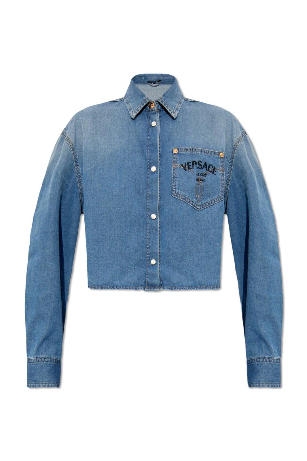 Shop Versace Logo Denim Shirt In Medium Blue