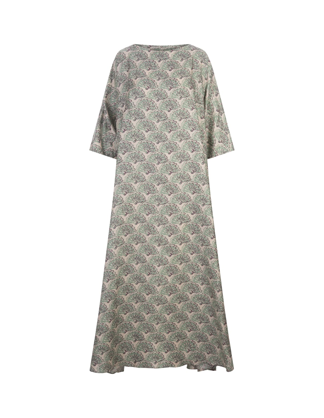 Muumuu Dress With Round Neck In Fans Mint Silk Twill