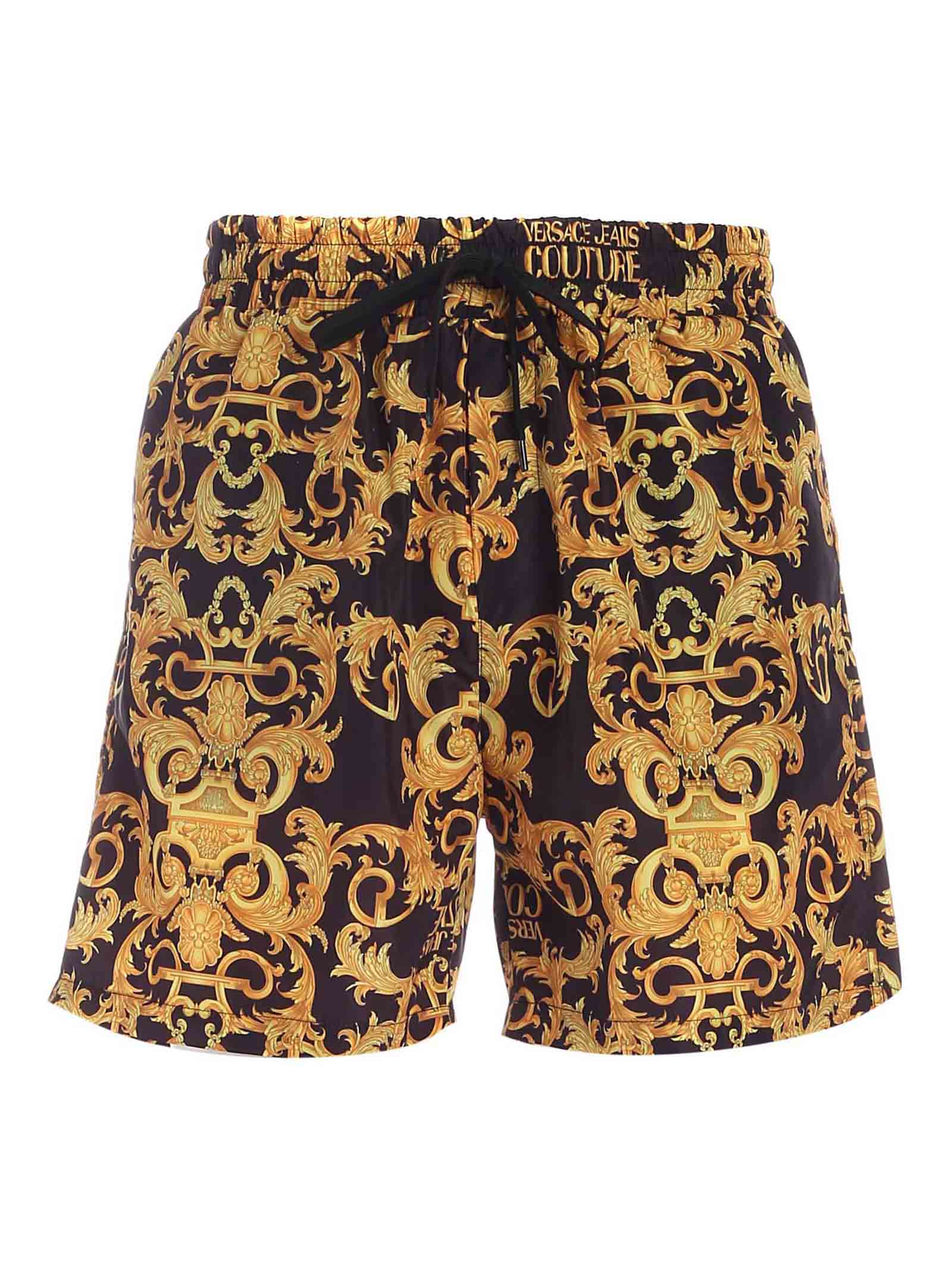 Versace Jeans Couture Baroque Logo Print Swim Trunks In Black