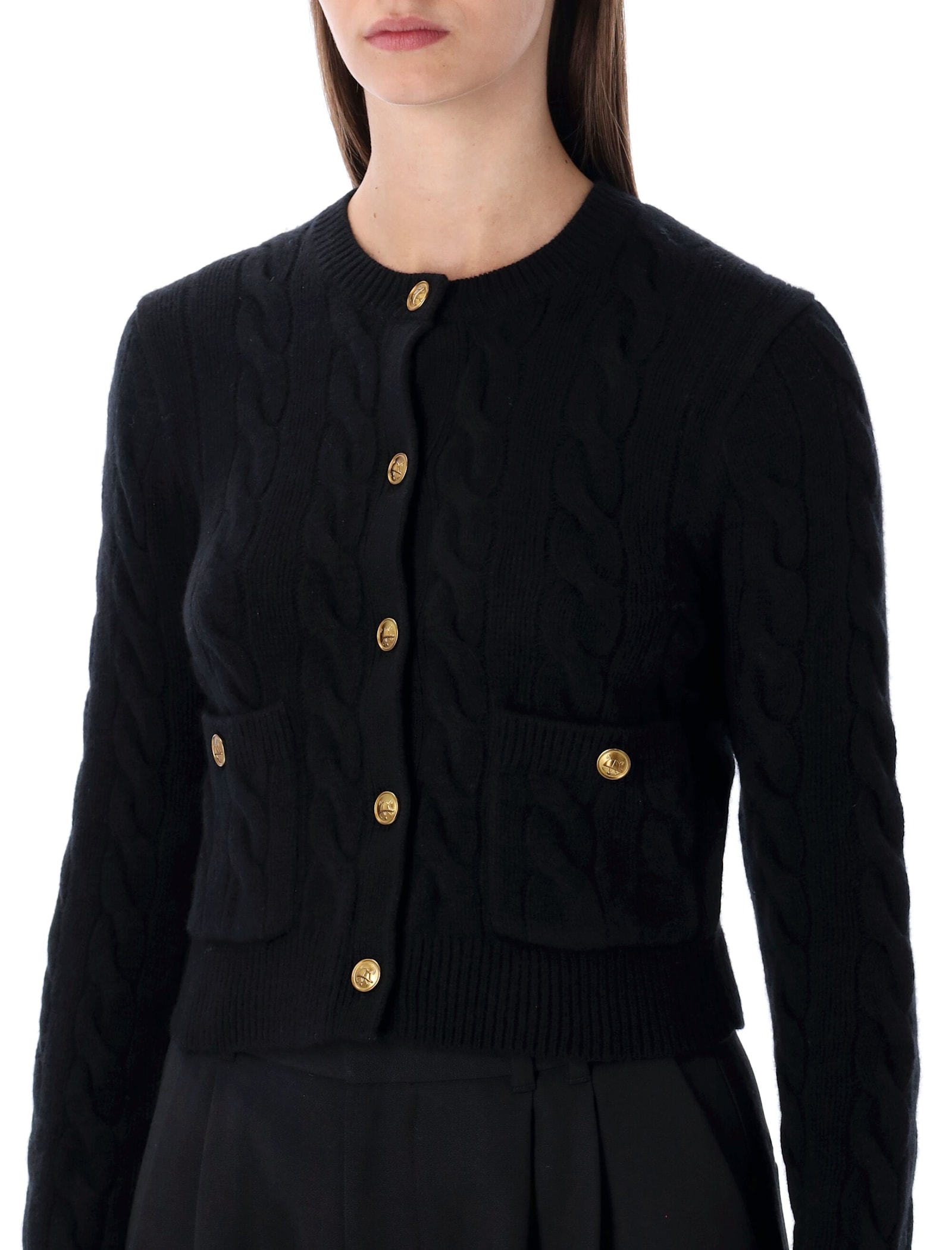 Polo Ralph Lauren Classic Cable Knit Cardigan With Gold Accents In Black