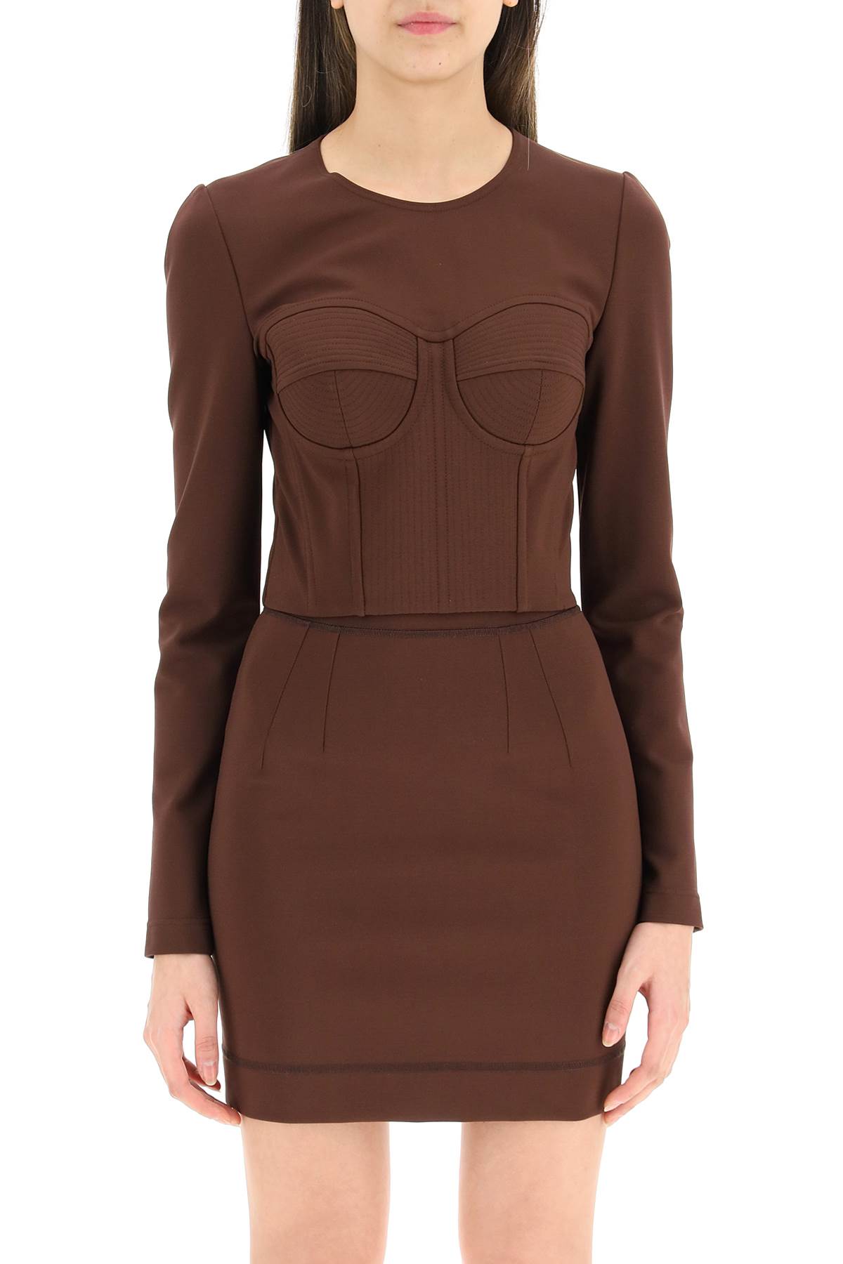 Dolce & Gabbana Long Sleeve Crop Stretch Jersey Corset Top In Brown