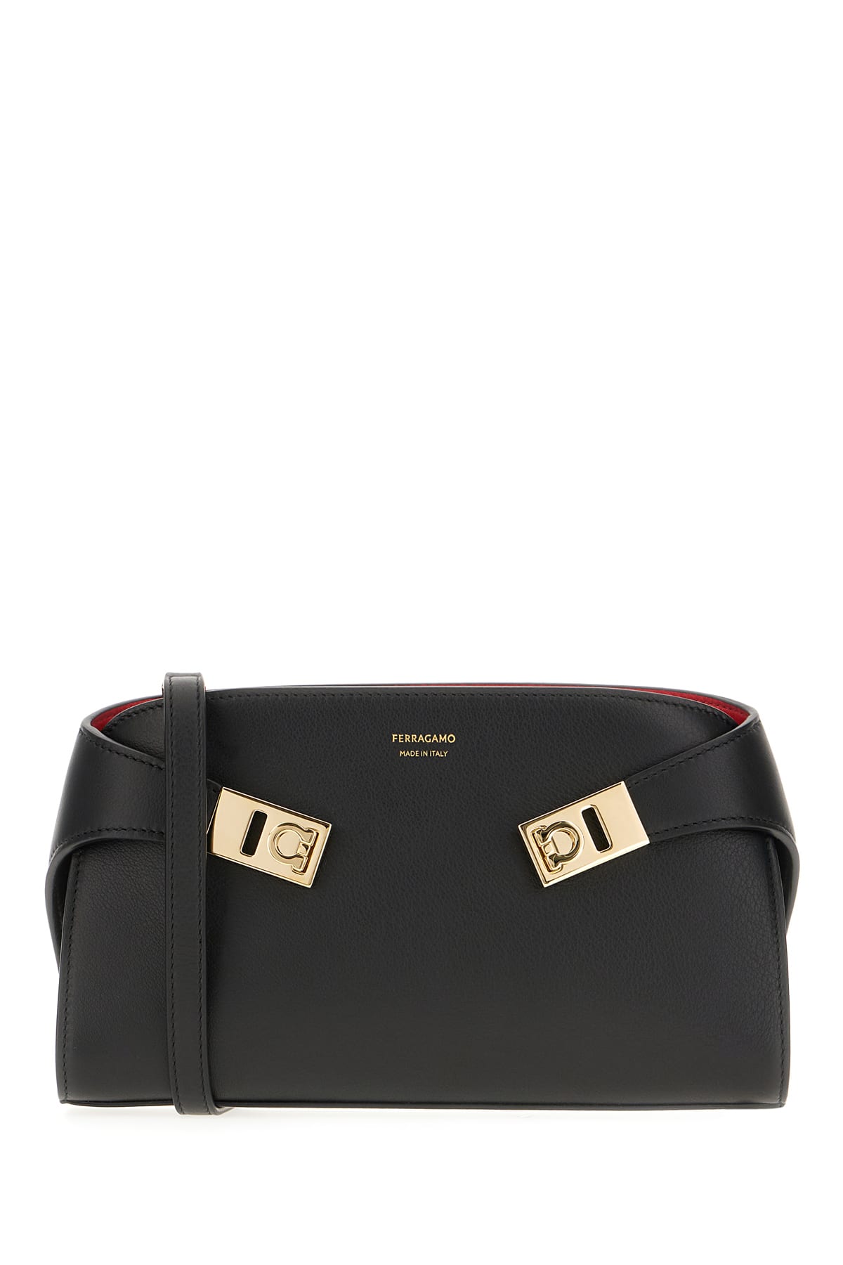 Shop Ferragamo Black Leather Small Hug Shoulder Bag In Nero Flame Red