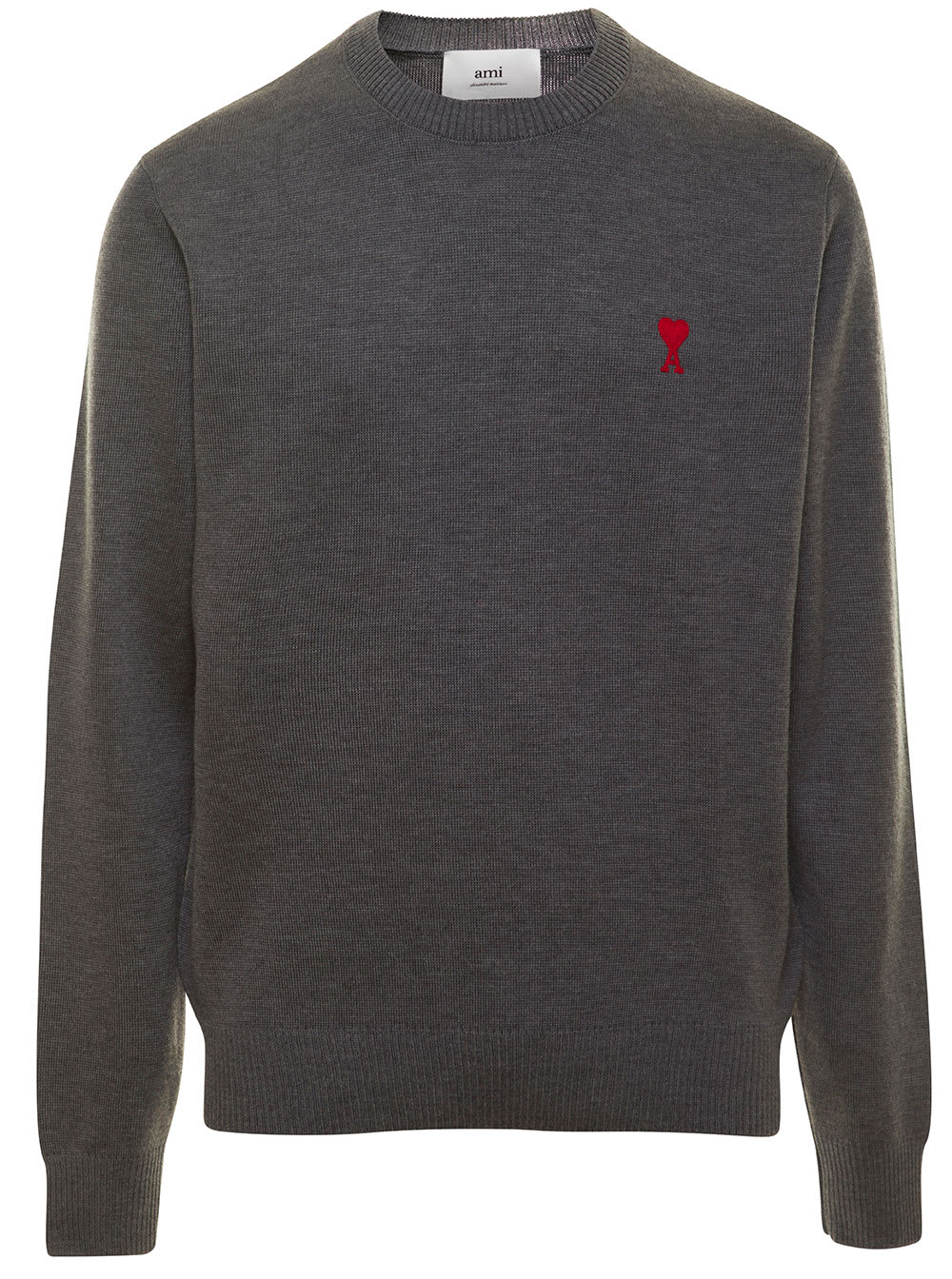 AMI ALEXANDRE MATTIUSSI GREY CREWNECK SWEATER WITH CONTRASTING LOGO EMBROIDERY IN WOOL MAN