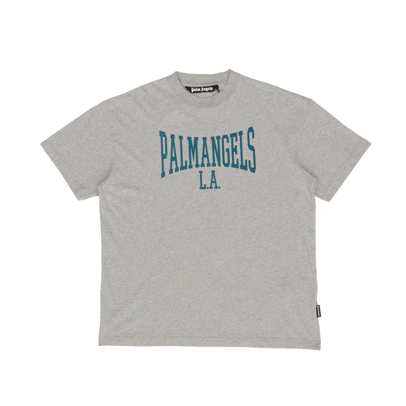 Shop Palm Angels Logo Printed Crewneck T-shirt In Melange Grey Petrol