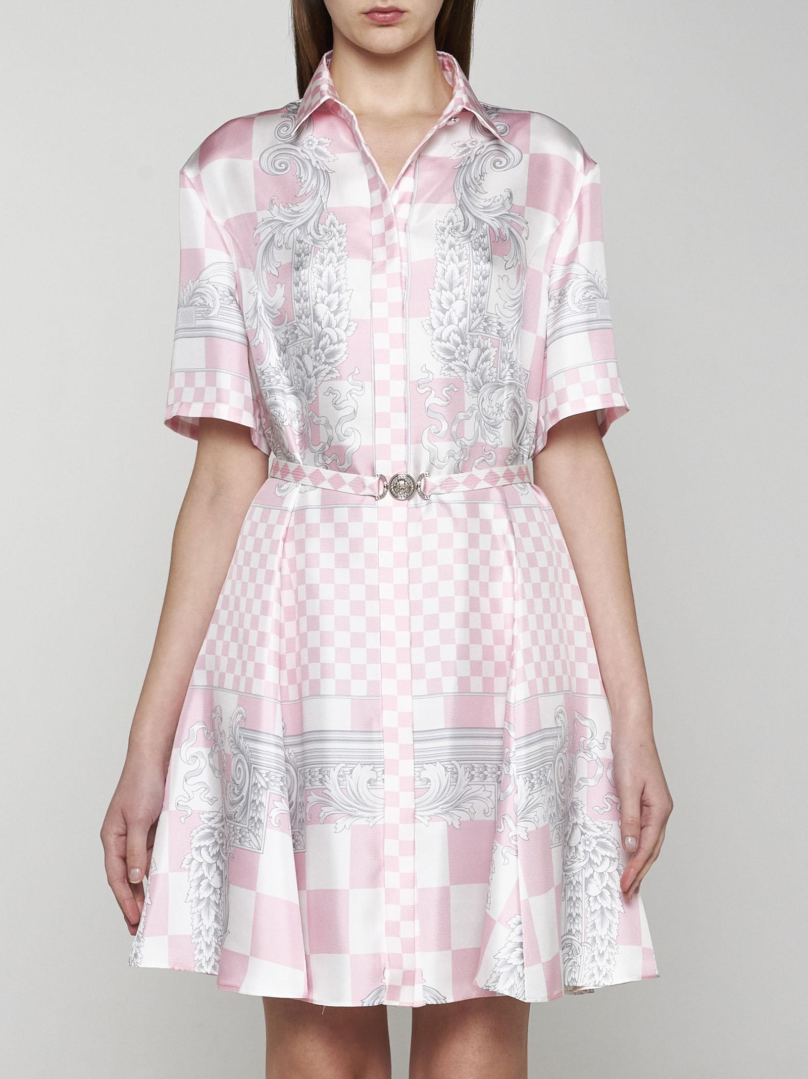 Shop Versace Barocco Damier Print Silk Dress In Pink