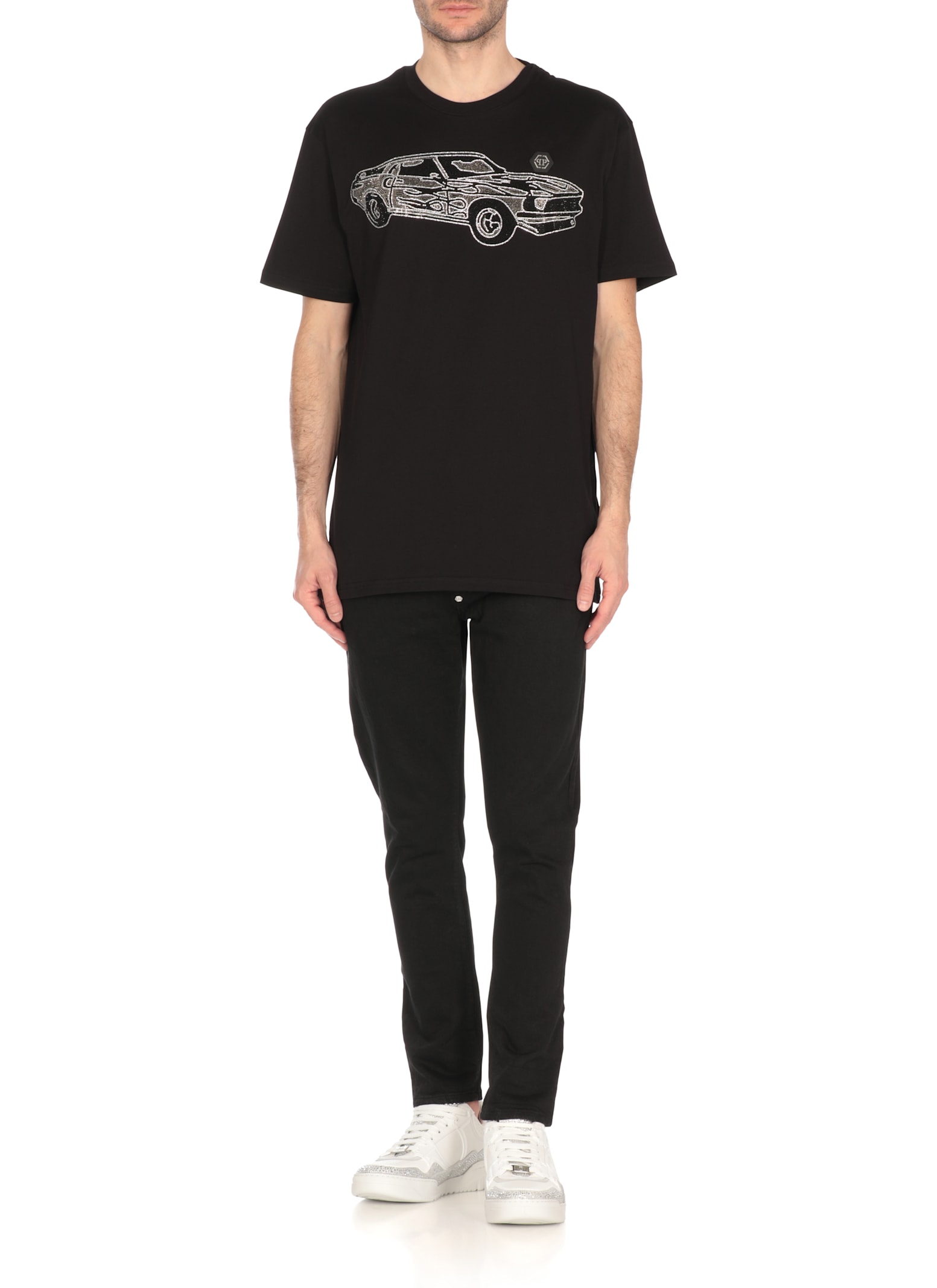 Philipp Plein Car Crew Neck Graphic Print Short Sleeves In Black