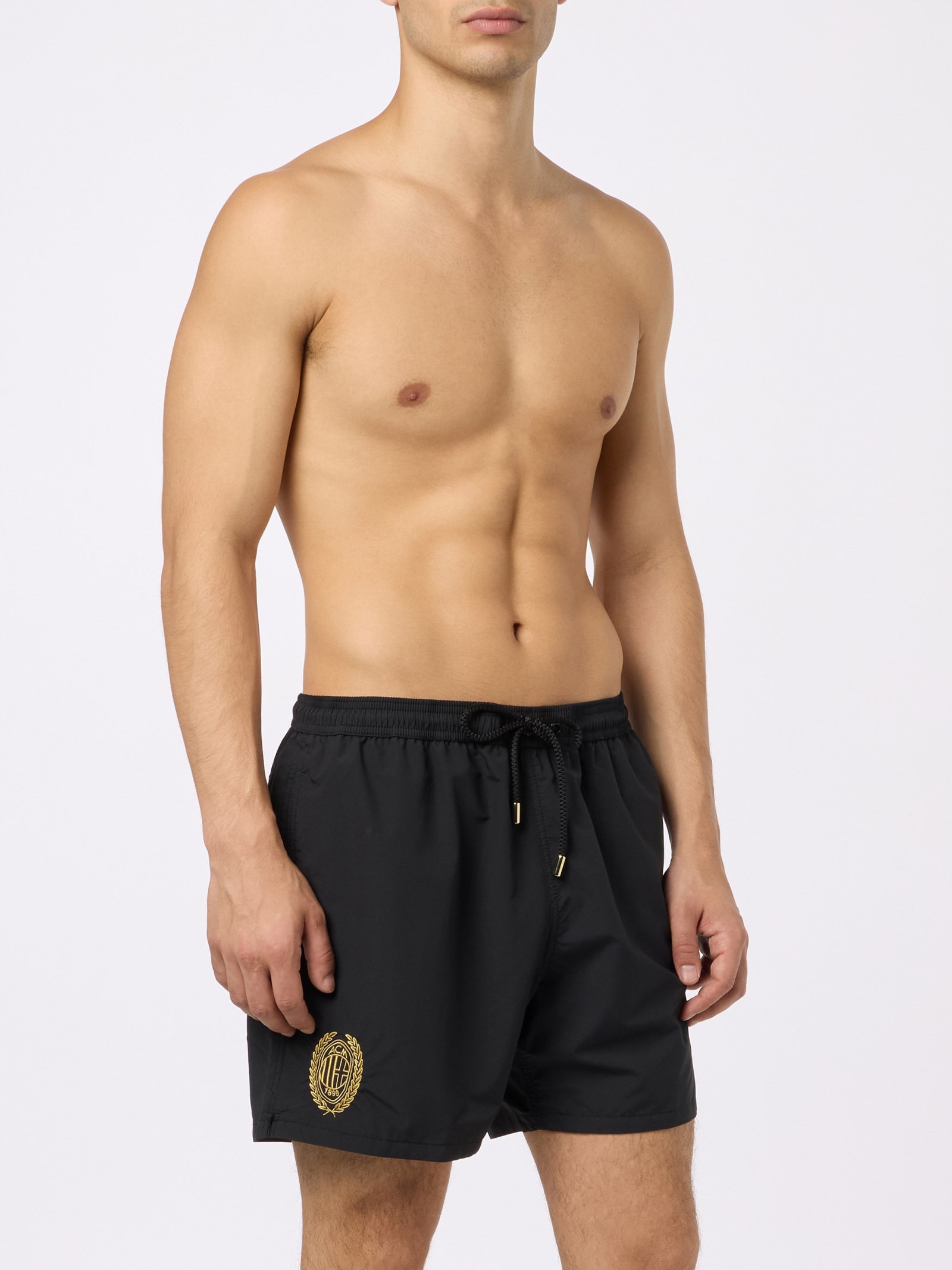 Mc2 Saint Barth Man Black Mid-length Swim Shorts Patmos With Milan 125 Embroidery Ac Milan 125 Special Edition In Black