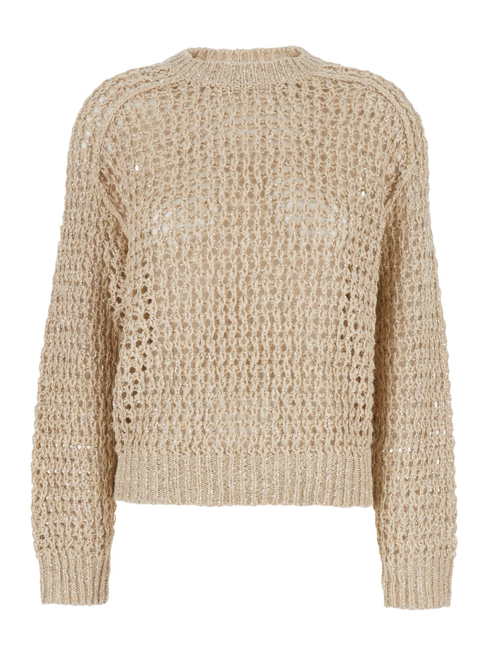 Shop Brunello Cucinelli Beige Sweater With Micro Sequins In Mesh Knit Woman