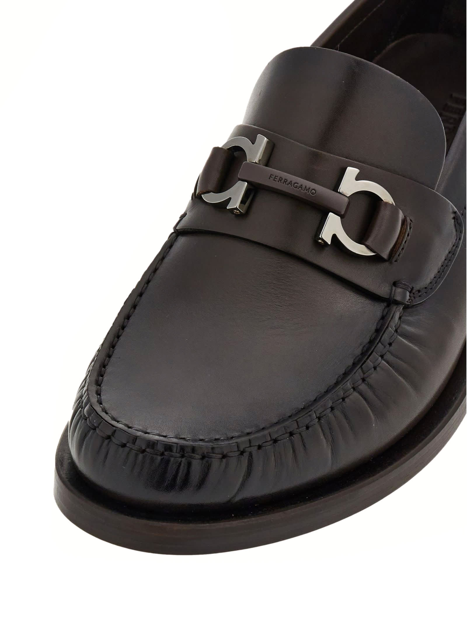 Shop Ferragamo Brown Calf Leather Gancini Loafers