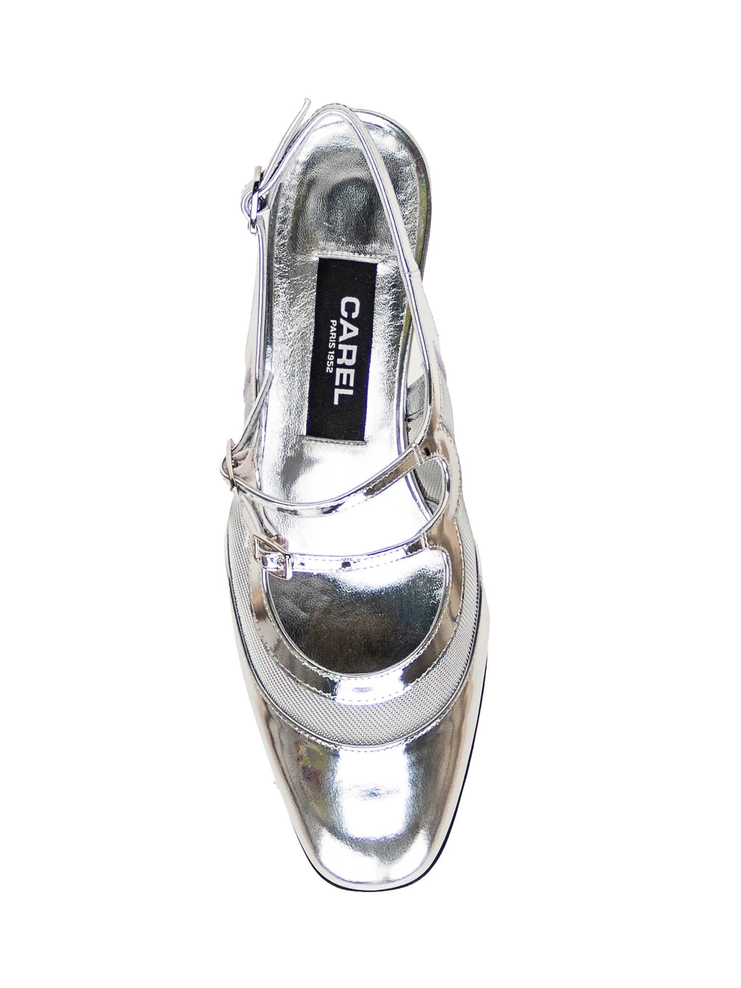 Carel Block Heel Pointed Toe Metallic Sling Back In Argento