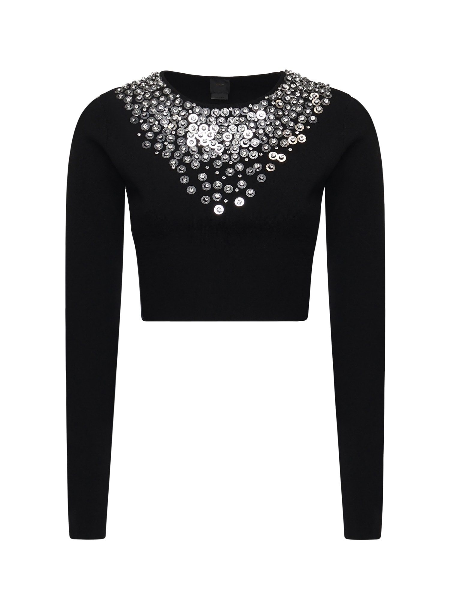 Pinko Cropped Sweater With Sequins And Crystals In Black