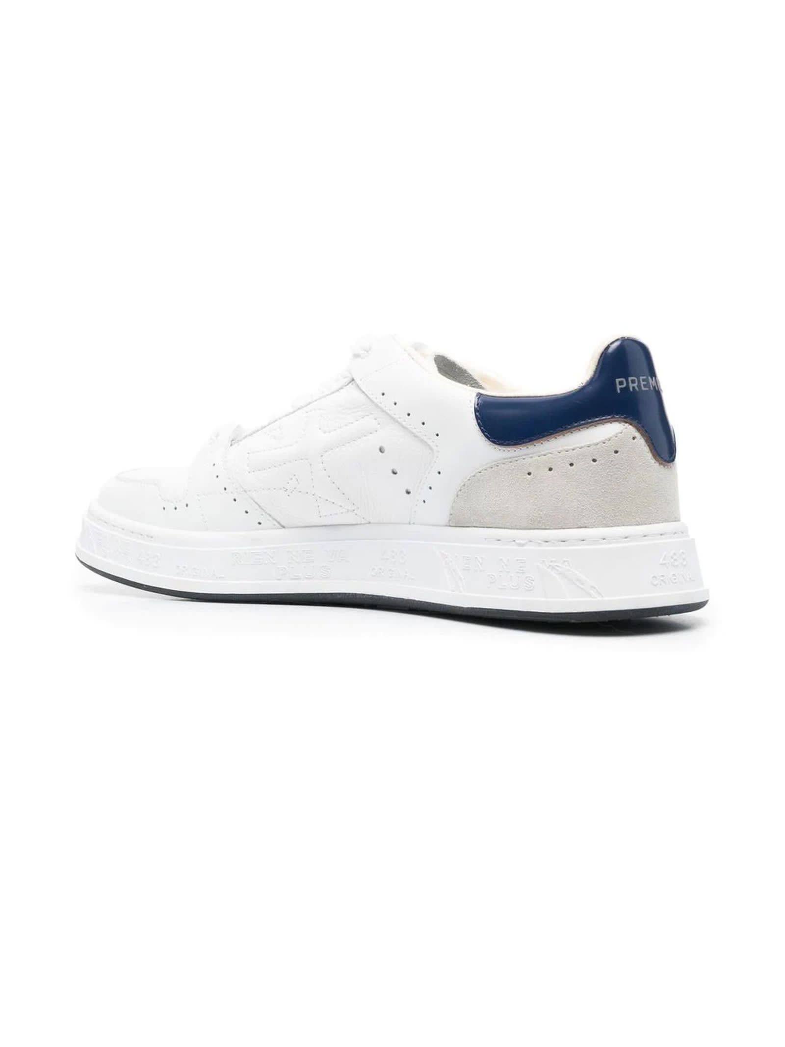 Shop Premiata White Leather Quinn Sneakers In Bianco/blu