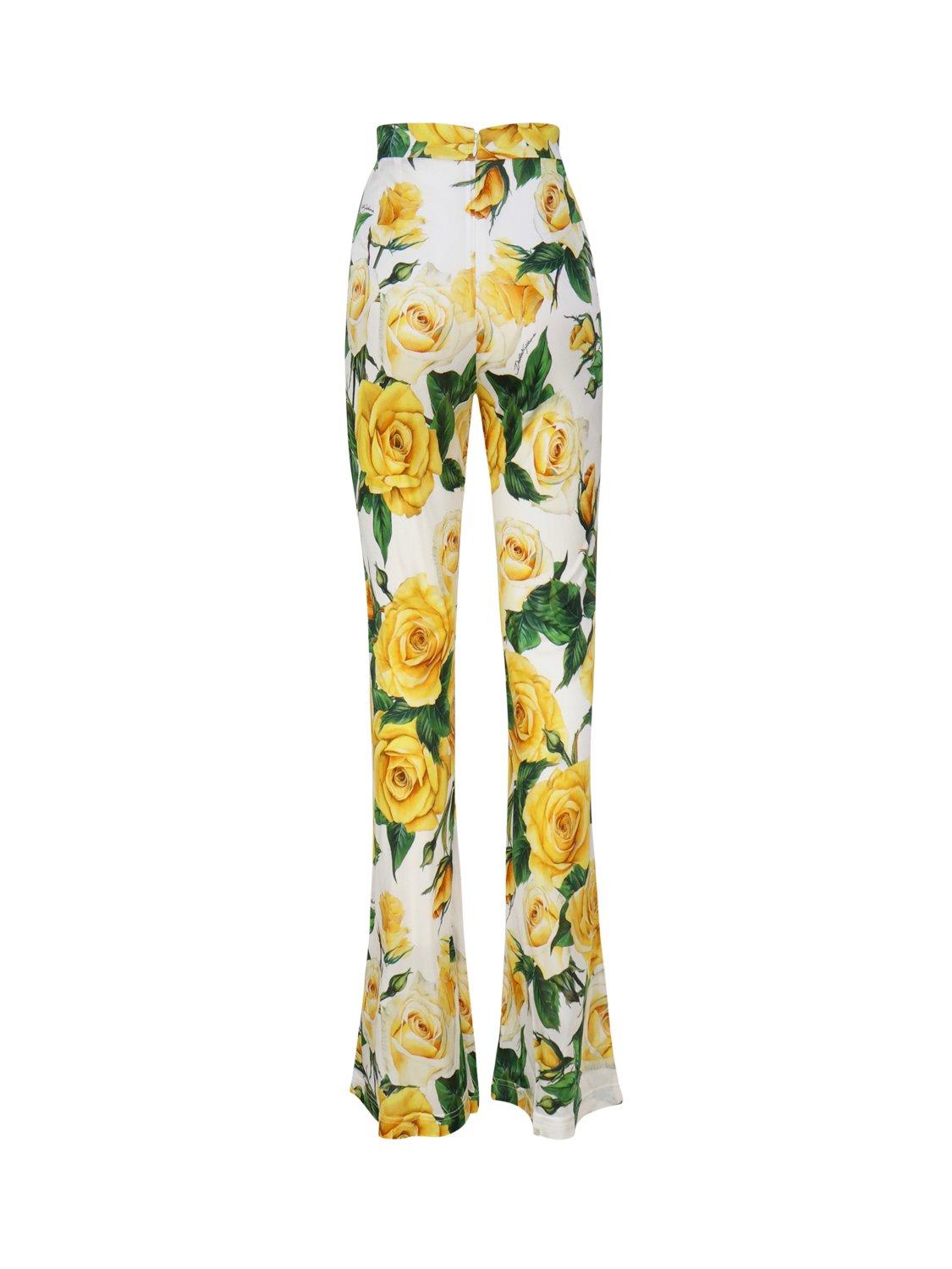 Shop Dolce & Gabbana Rose Printed High Waist Pants In Yellow, Green, White