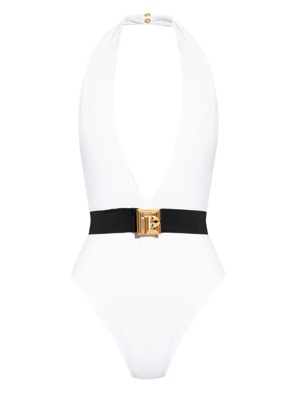Shop Balmain Belted Swimsuit In White