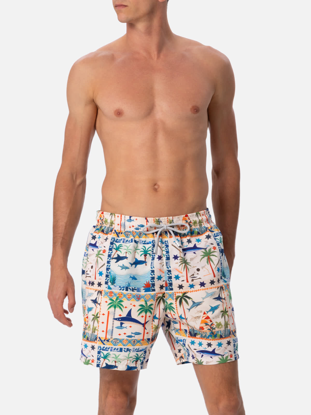 Shop Mc2 Saint Barth Man Mid-length Gustavia Swim-shorts With Egyptian Shark Print Ai Co-created Design By Rickdick - Pow In White