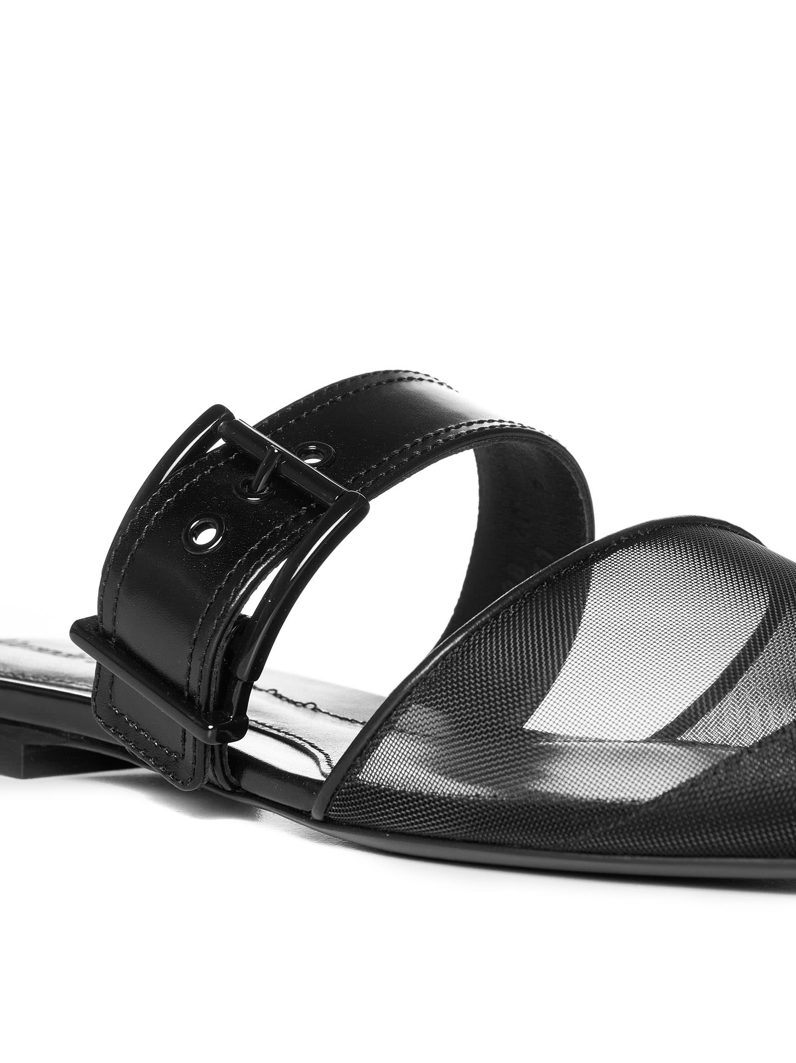 Alexander Mcqueen Black Mesh And Leather Punk Slippers In Nero