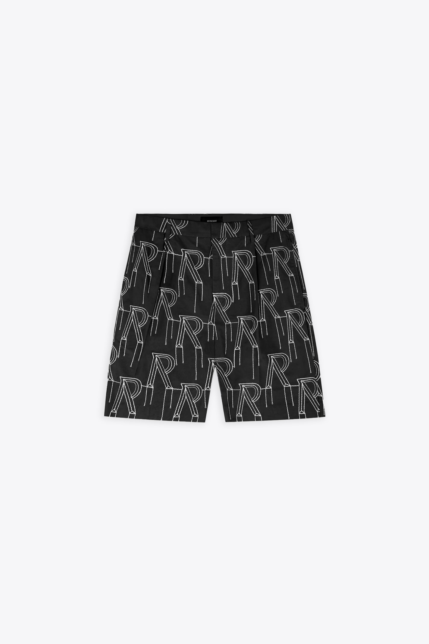 Embrodiered Initial Tailored Short Black Cotton Pleated Short With Monogram Embroidery - Embroidered Initial Tailored Short