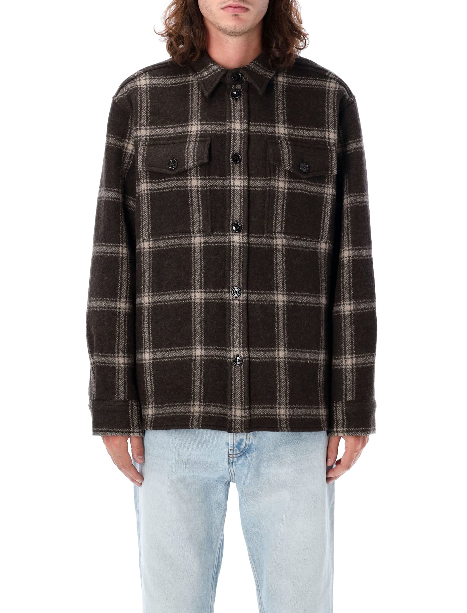 Shop Ami Alexandre Mattiussi Check Wool Overshirt In Dk Coffee Sand