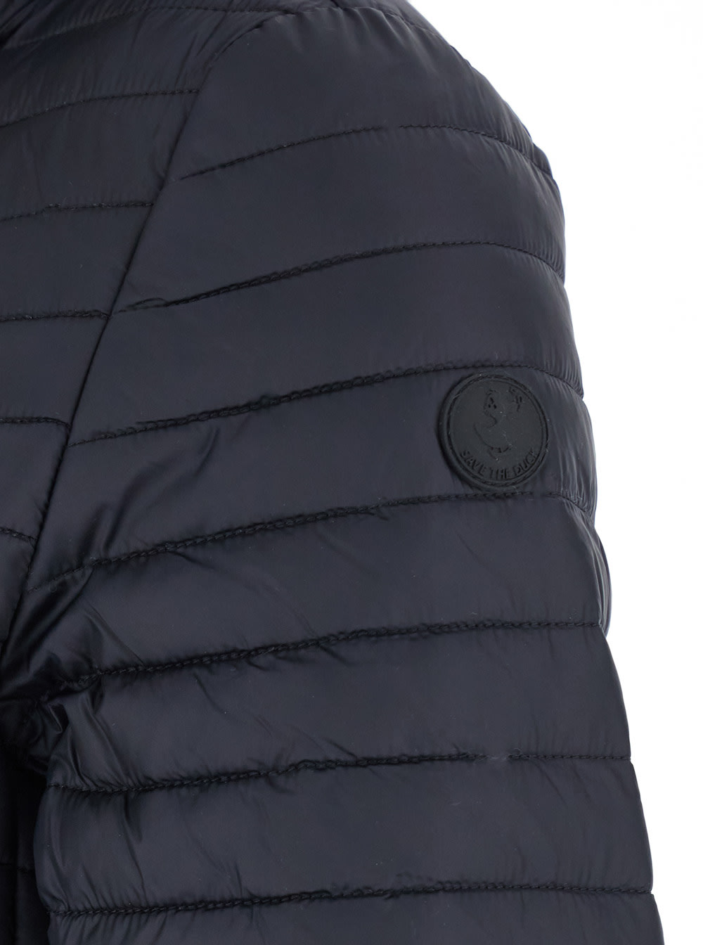 Save The Duck 'alima' Black Down Jacket With Tone-on-tone Logo Patch On The Sleeve In Tech Fabric Woman In Black