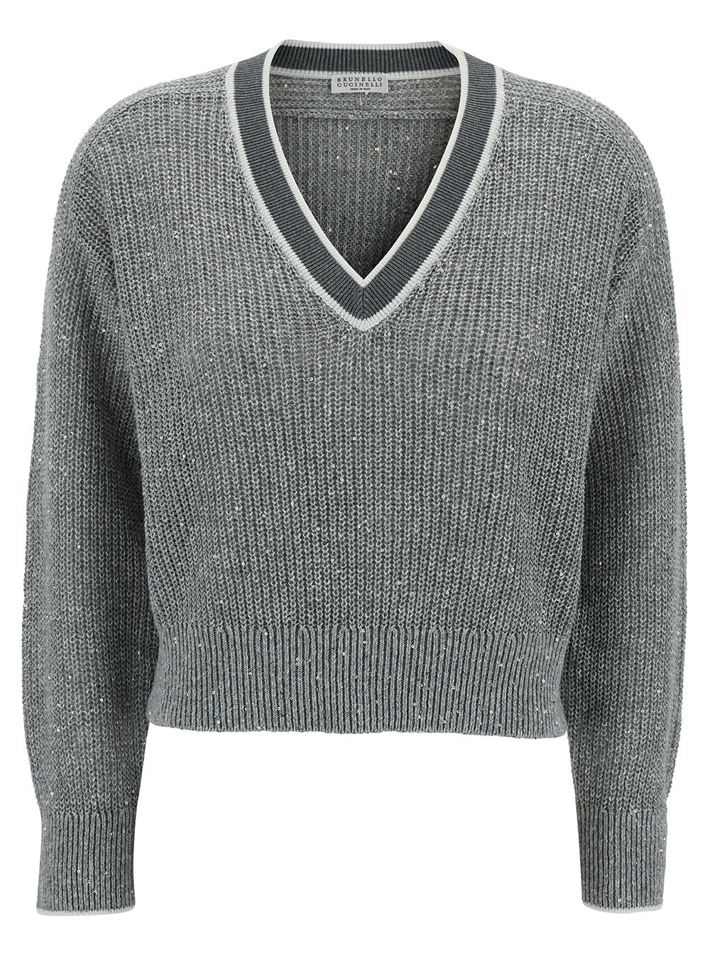 Shop Brunello Cucinelli Grey Pullover With V Neckline And All-over Sequins In Linen Woman