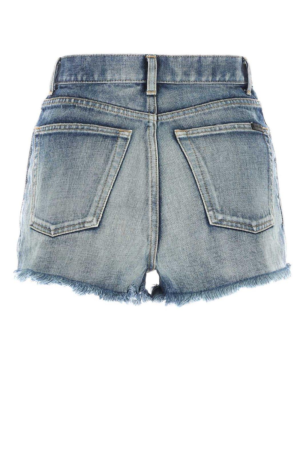 Shop Saint Laurent Raw-edge Denim Shorts In Blue