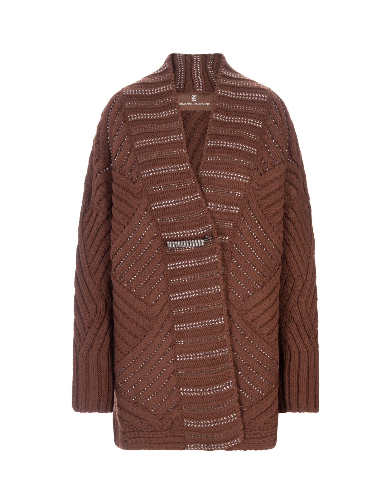 Ermanno Scervino Woman Cardigan In Brown Wool Blend With Crystals