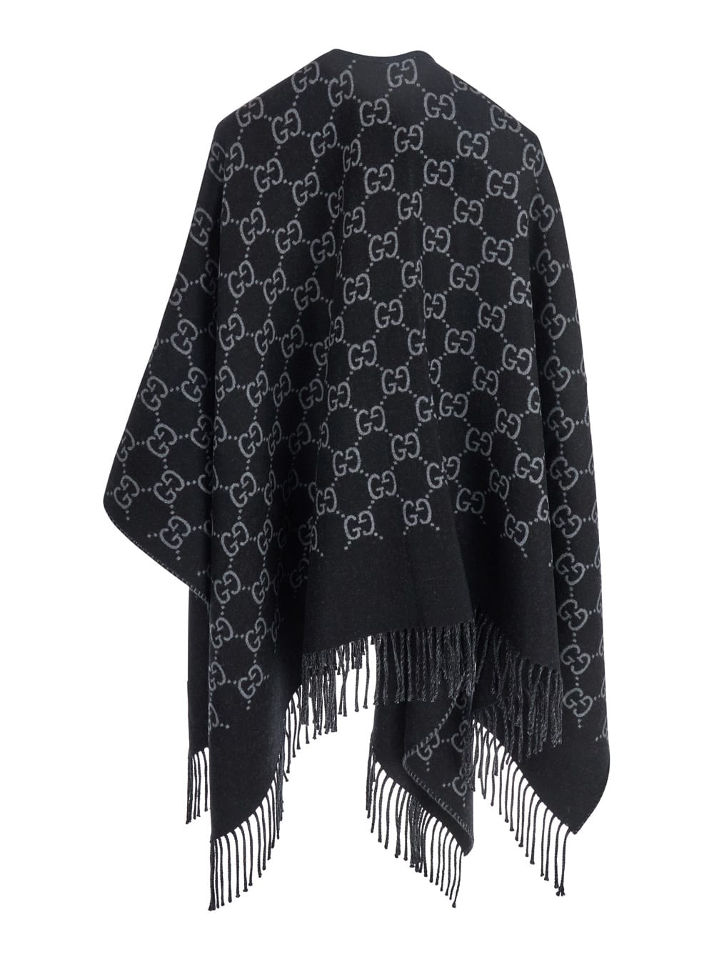 Gucci Black Cape With Fringed Hem In Gg Wool Jacquard Woman In Black