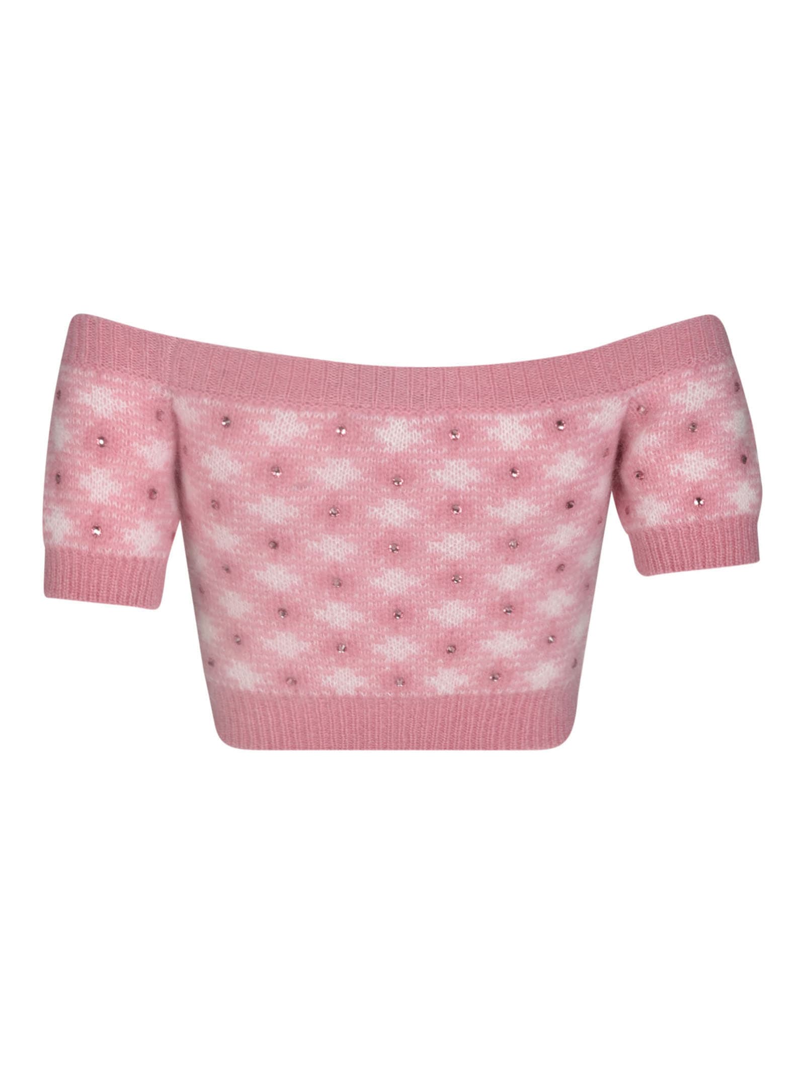 Shop Alessandra Rich Vichy Knitted Off The Shoulder Top In Pink